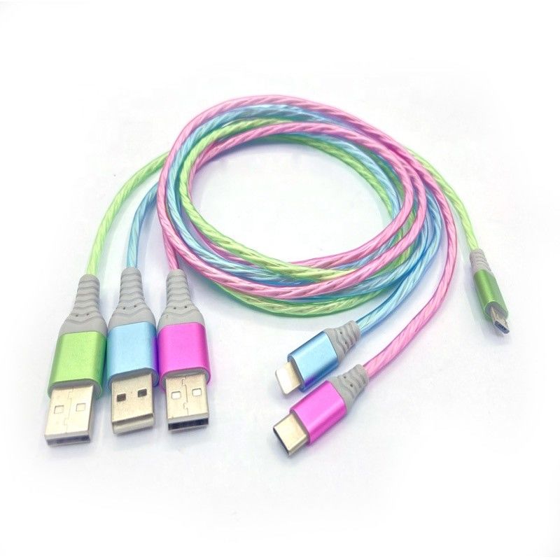 สายชาร์จเร็ว 3 IN 1 Type C 3A LED สายชาร์จ USB สีสันสดใส Lightning Flashing Cable