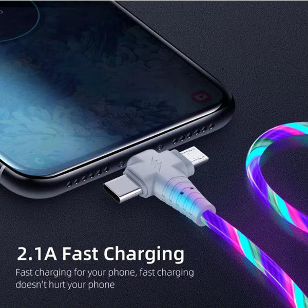 3in1 Flow Luminous Lighting usb cable สําหรับ Samsung 3 in 1 2in1 LED Micro USB Type C ชาร์จ 8Pin สายสําหรับ iPhone Huawei Xiaomi